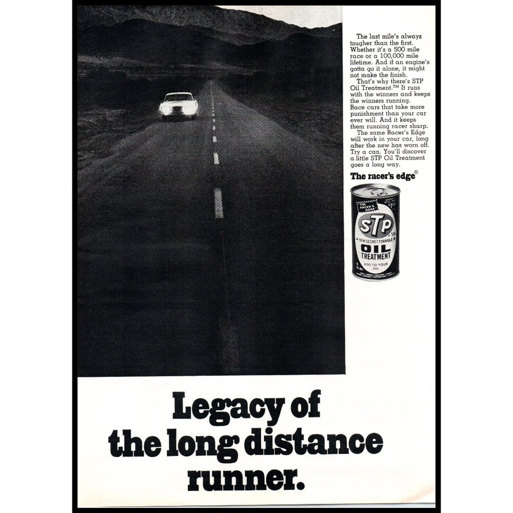 1972 STP Oil Treatment Vintage Print Ad Desert Highway Headlights Wall Art 70s